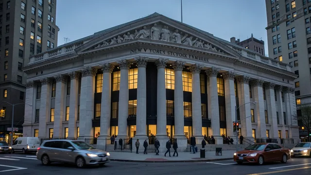 Fachada da bolsa de Nova York ao entardecer, com pessoas e trânsito diante do prédio.