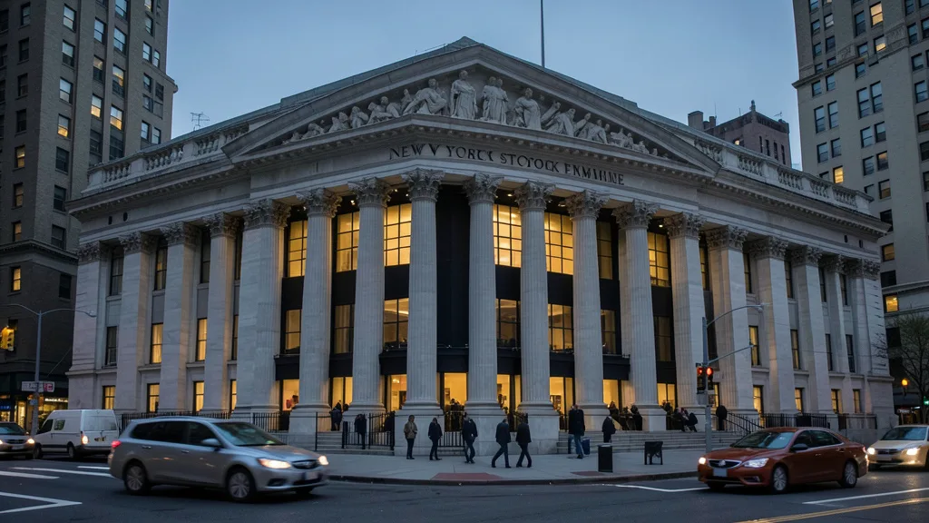 Fachada da bolsa de Nova York ao entardecer, com pessoas e trânsito diante do prédio.