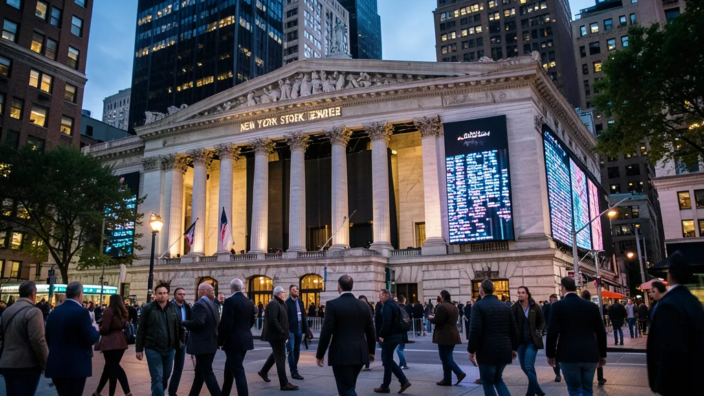 Imagem gerada por IA: Investidores caminham diante da Bolsa de Valores de Nova York.