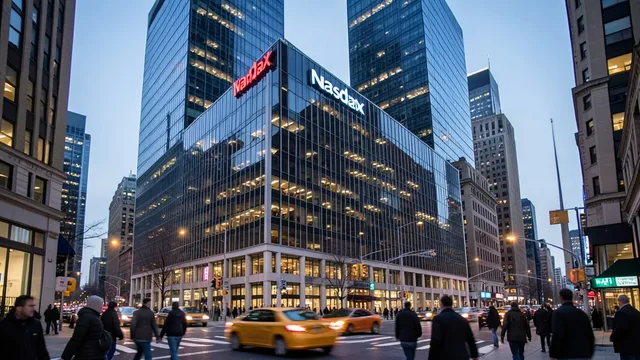 Edifícios do distrito financeiro de Nova York iluminados ao entardecer.