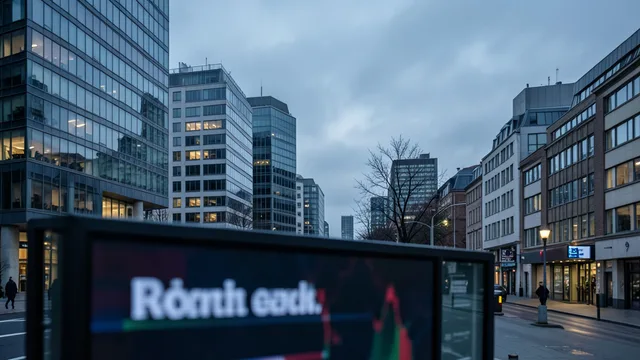 Prédios de um distrito financeiro europeu sob céu nublado, em uma cena de mercado cautelosa.