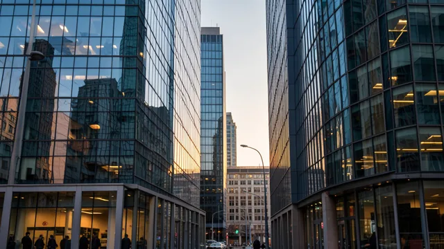 Imagem gerada por IA: Prédios de um distrito financeiro europeu ao entardecer.