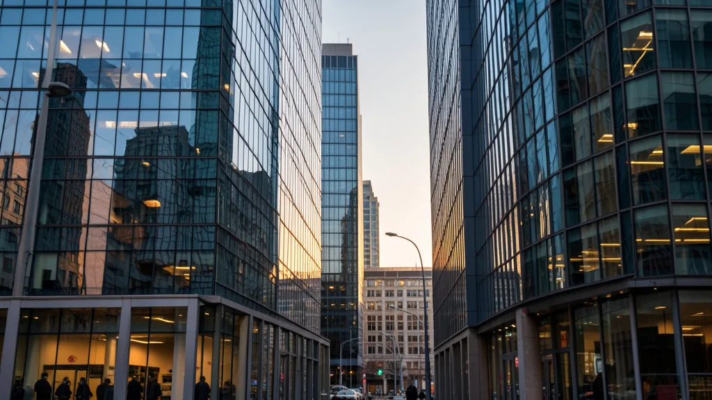 Imagem gerada por IA: Prédios de um distrito financeiro europeu ao entardecer.
