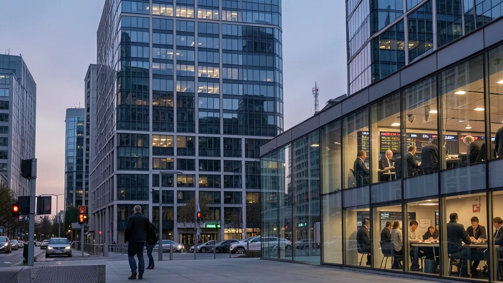 Imagem gerada por IA: Distrito financeiro europeu com edifícios modernos e operadores acompanhando o mercado ao fundo.