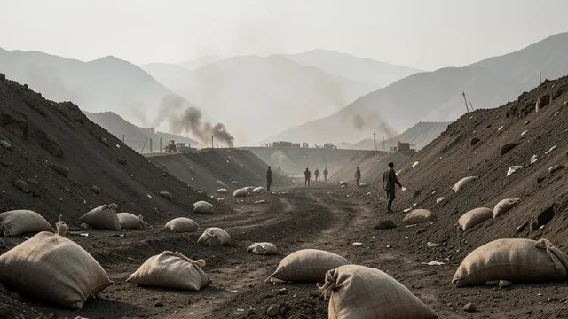 Imagem gerada por IA: Sacos de minério e terreno revolvido em uma mina artesanal remota no Sudão.