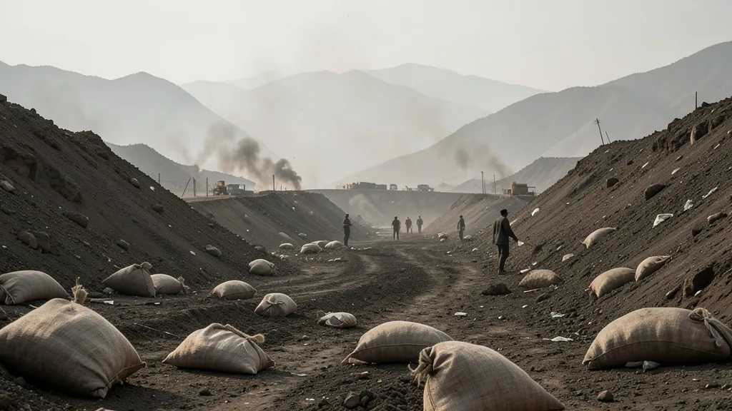Imagem gerada por IA: Sacos de minério e terreno revolvido em uma mina artesanal remota no Sudão.