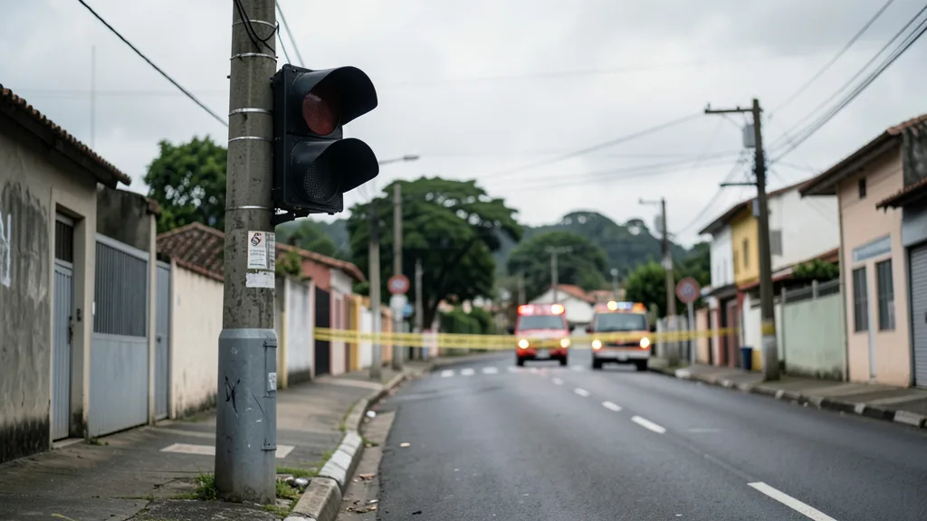 Avenida urbana em Taubaté, com sinal de trânsito e veículo de emergência ao fundo.