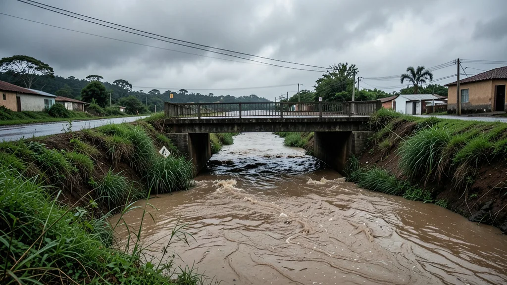 Imagem gerada por IA: Rio cheio e barrento após chuva forte em uma área rural de São Paulo.