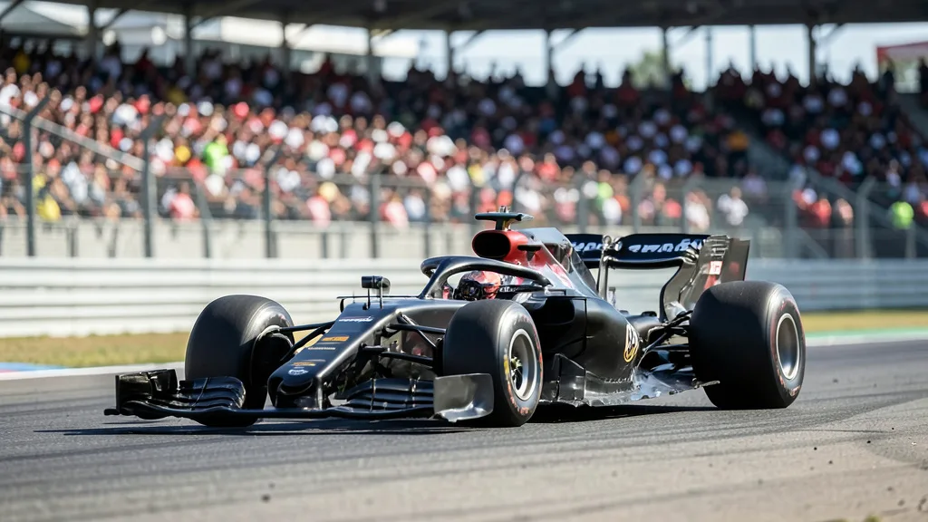 Imagem gerada por IA: Carro de Fórmula 1 contorna uma curva no Autódromo Hermanos Rodríguez, no México.
