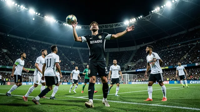 Imagem gerada por IA: Jogador do Botafogo comemora gol de cabeça em partida no estádio.