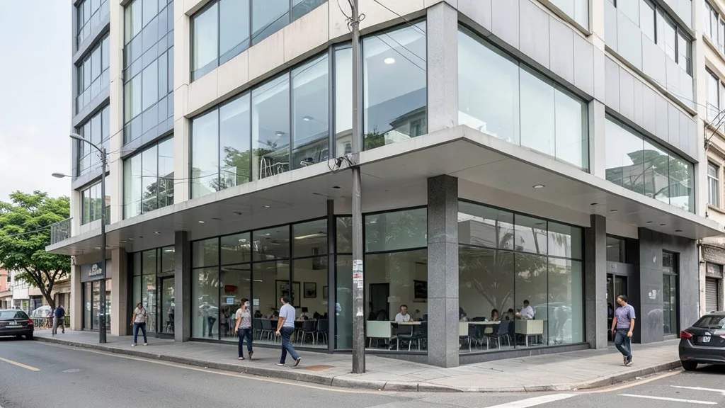 Imagem gerada por IA: Fachada de um banco com pedestres passando pela calçada.