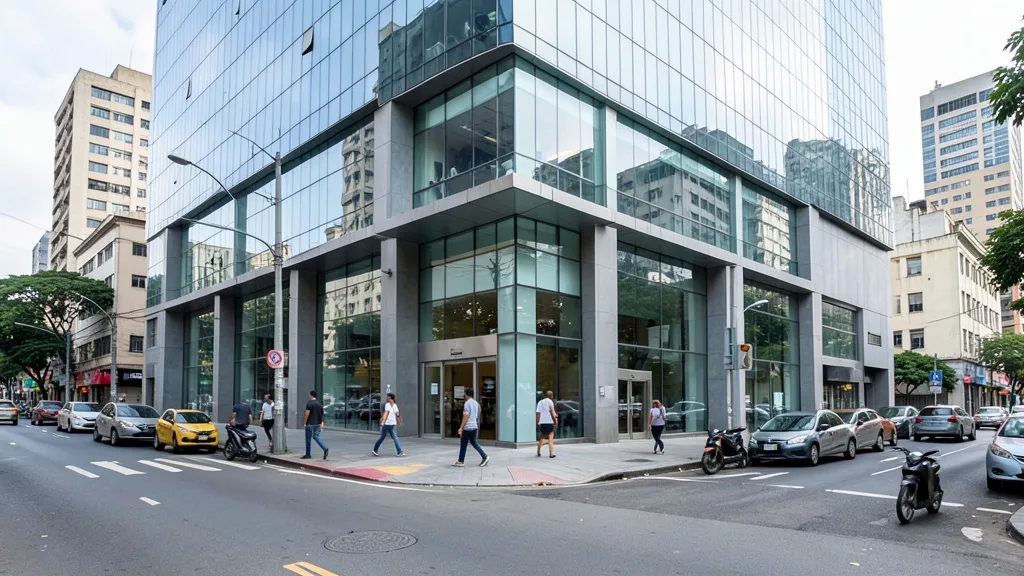 Imagem gerada por IA: Fachada de uma agência bancária moderna em uma avenida movimentada.