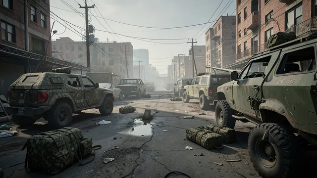 Cenário militar de filme de ação com veículos e equipamentos de camuflagem.