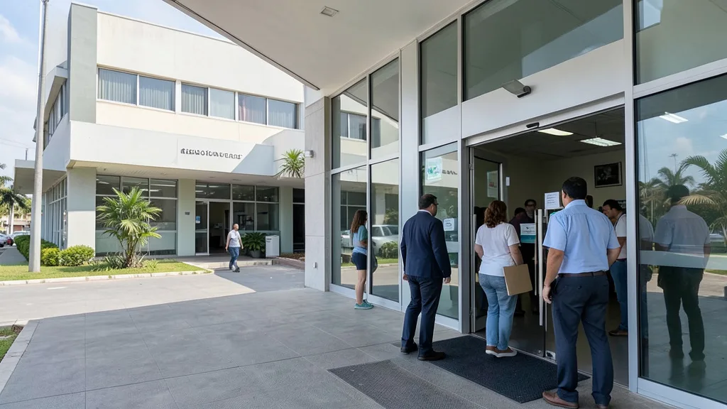 Imagem gerada por IA: Pessoas entram em um complexo de saúde com um hospital ao fundo.