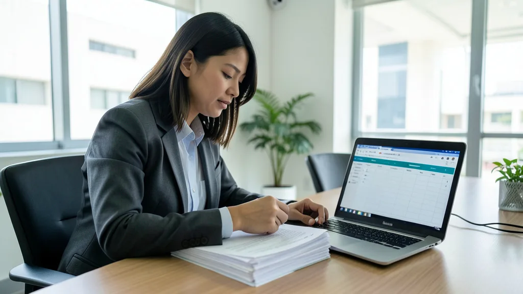 Imagem gerada por IA: Profissional analisa documentos financeiros em um escritório de empresa de saúde.