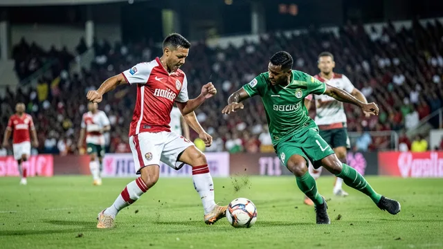 Imagem gerada por IA: Jogadores disputam a bola em uma partida de futebol em estádio.