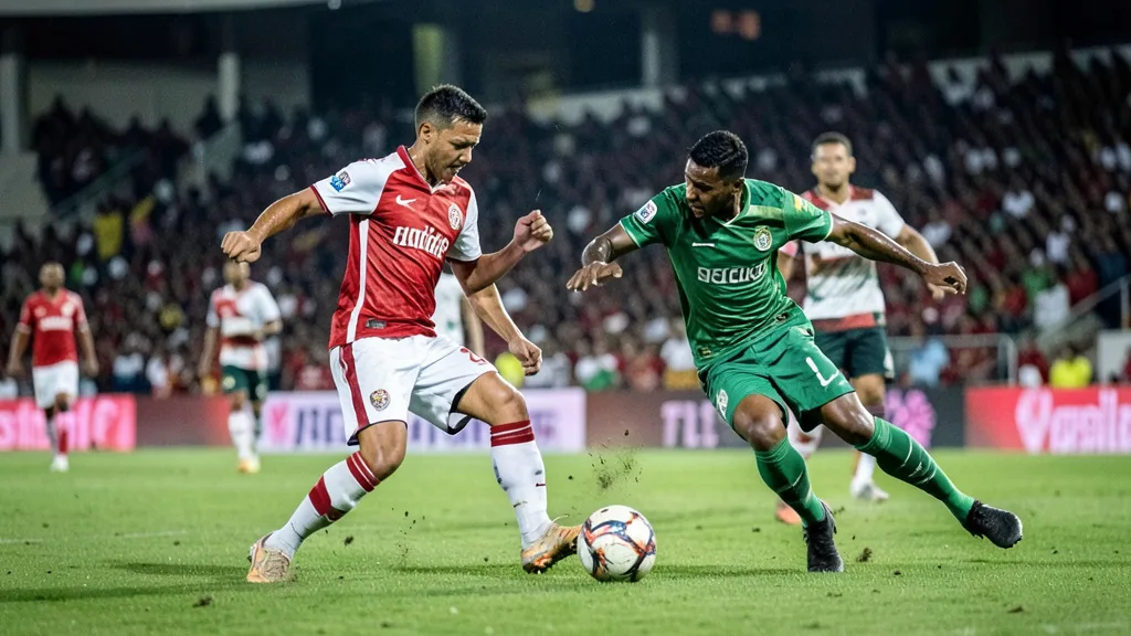 Imagem gerada por IA: Jogadores disputam a bola em uma partida de futebol em estádio.