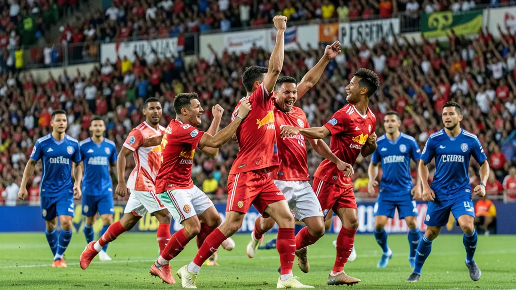Imagem gerada por IA: Jogadores do Bragantino comemoram gol contra o Cruzeiro em campo.