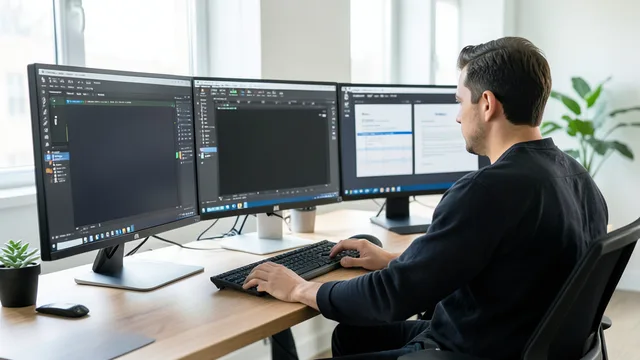 Imagem gerada por IA: Desenvolvedor trabalha diante de telas com interfaces genéricas de edição e produtividade.