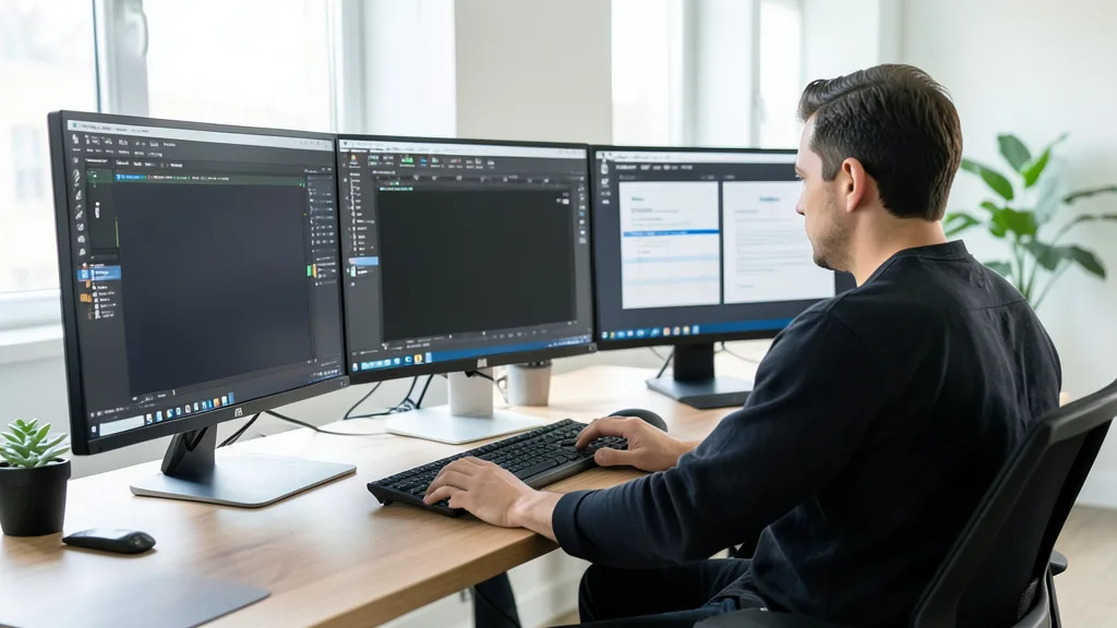 Imagem gerada por IA: Desenvolvedor trabalha diante de telas com interfaces genéricas de edição e produtividade.