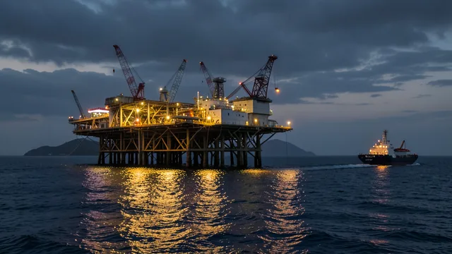 Plataforma de petróleo no mar ao entardecer, com embarcação de apoio nas proximidades.