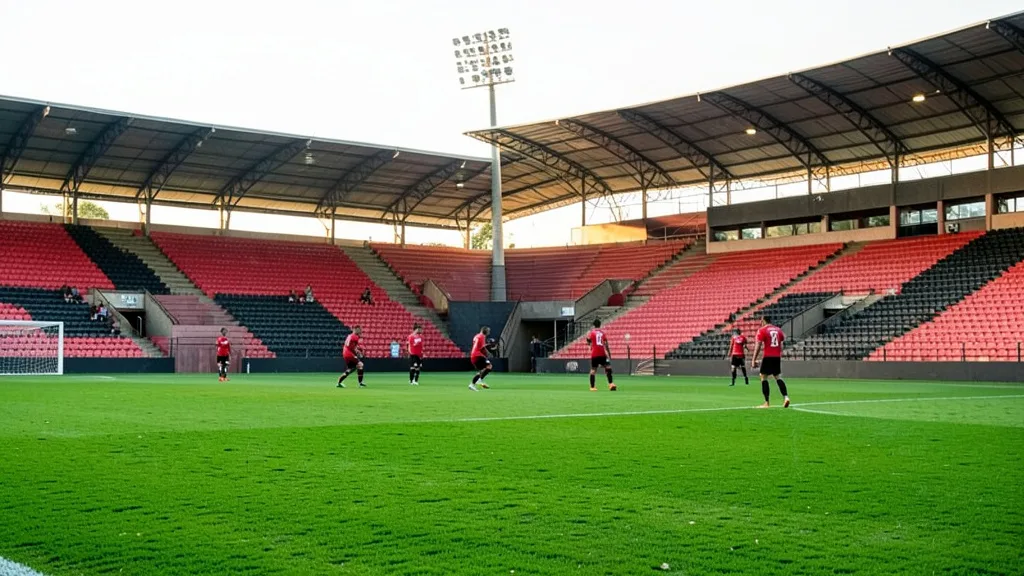 Imagem gerada por IA: Jogadores treinam em campo diante de arquibancadas vermelhas e pretas.