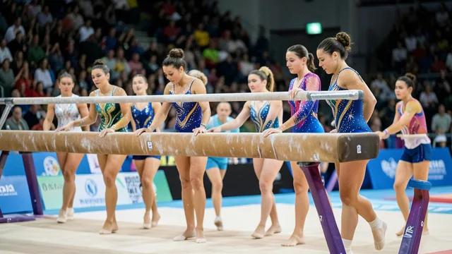 Imagem gerada por IA: Ginastas brasileiras se preparam para a final por equipes em uma arena de ginástica.