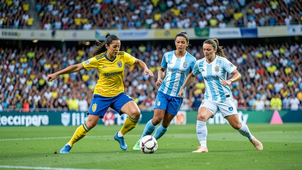 Imagem gerada por IA: Jogadoras do Brasil e da Argentina disputam a bola em partida de futebol feminino.