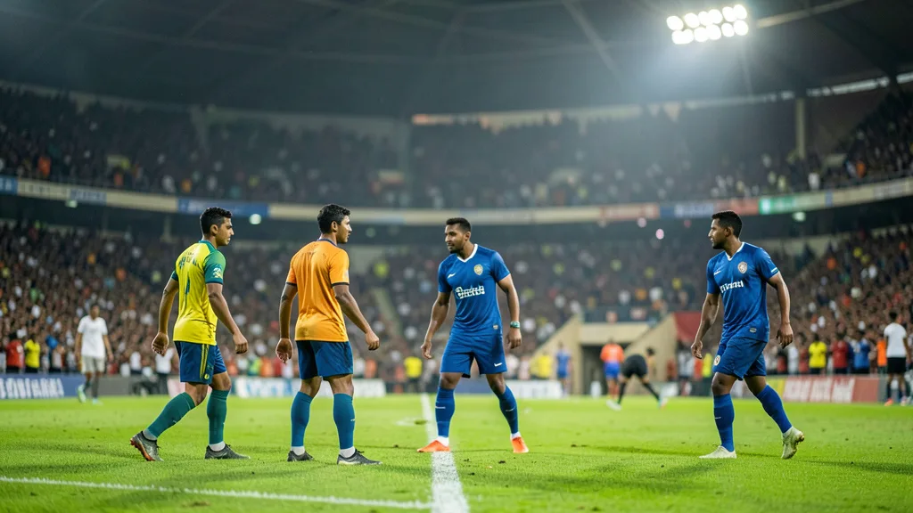 Jogadores das seleções do Brasil e da Índia aquecem em um estádio antes de amistoso.
