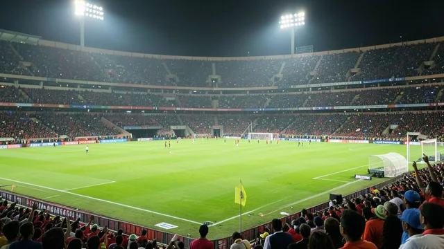 Vista das arquibancadas do Estádio Salt Lake, em Calcutá, com o campo iluminado antes de uma partida.