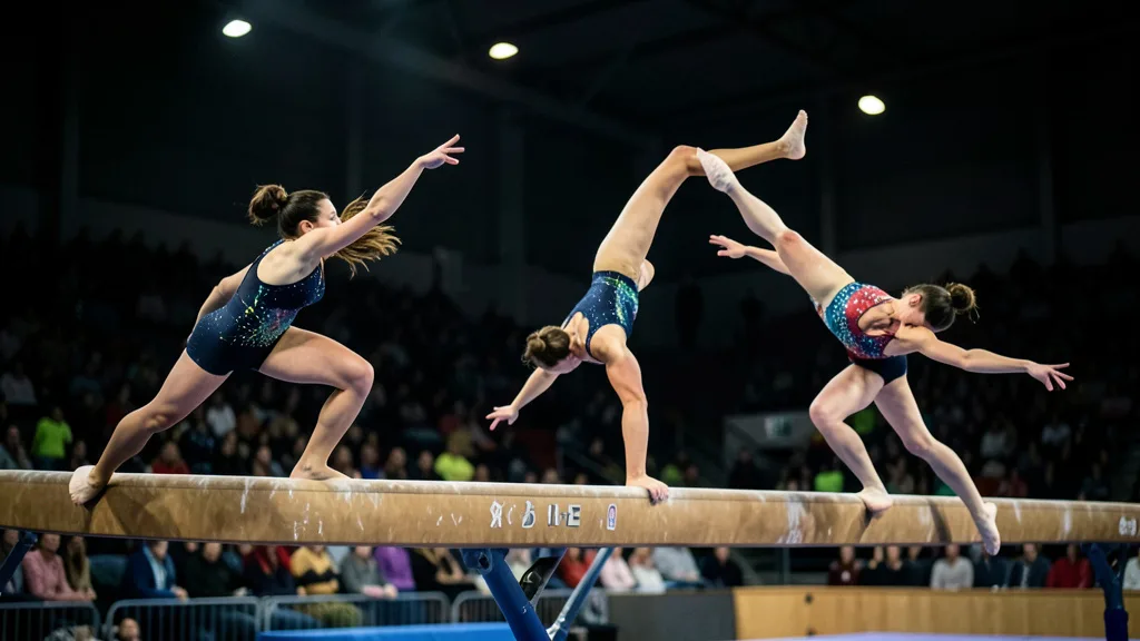 Imagem gerada por IA: Ginastas se apresentam em aparelhos durante uma competição em uma arena coberta.