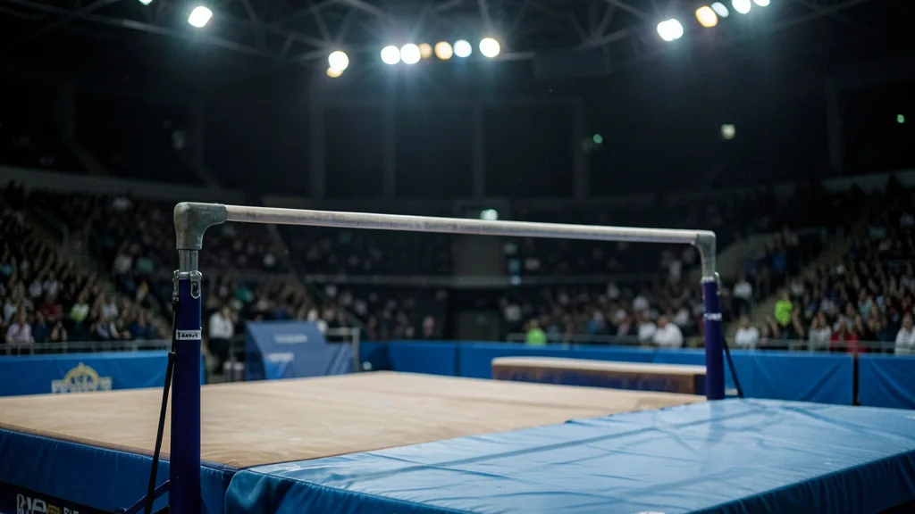 Imagem gerada por IA: Barra fixa e colchões em uma arena de ginástica artística durante uma competição.