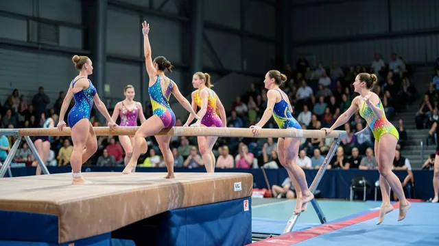 Imagem gerada por IA: Ginastas competem em um ginásio durante o Mundial de Ginástica Artística.