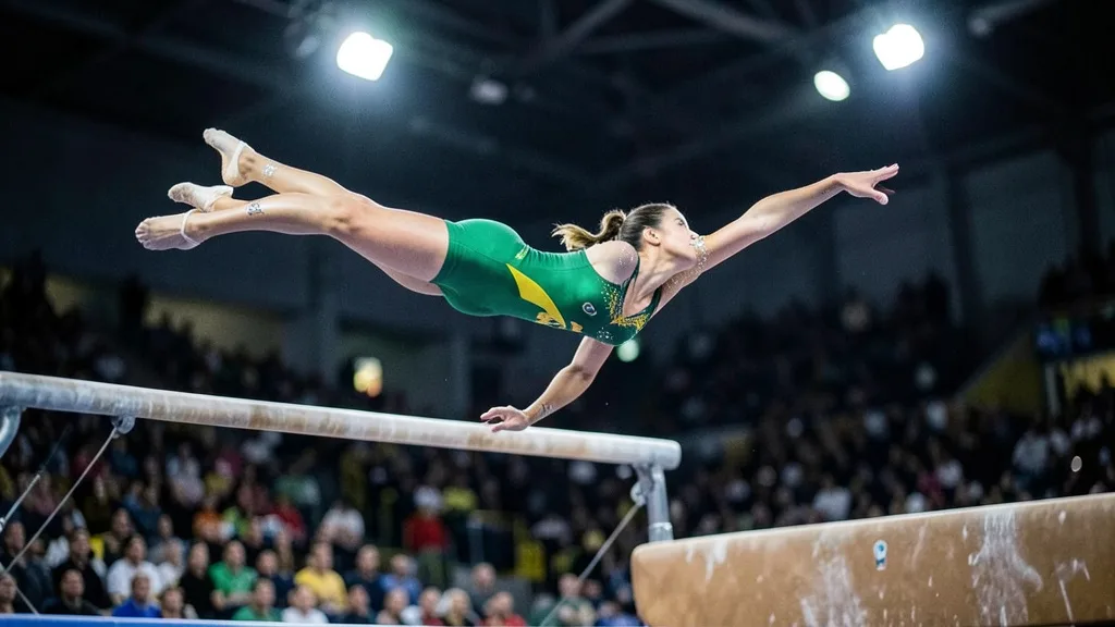 Imagem gerada por IA: Ginasta brasileira executa um salto durante uma competição em uma arena.