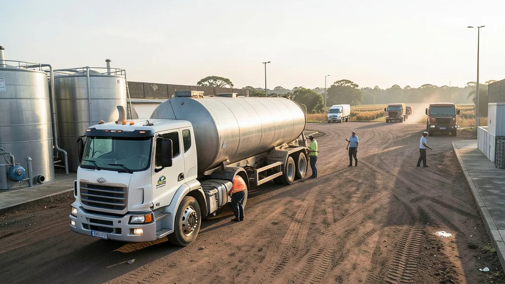Imagem gerada por IA: Caminhão-tanque ao lado de reservatórios de combustível em um terminal de distribuição.