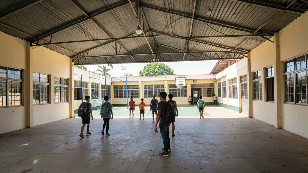 Imagem gerada por IA: Estudantes caminham pelo pátio de uma escola pública com salas e quadra ao fundo.