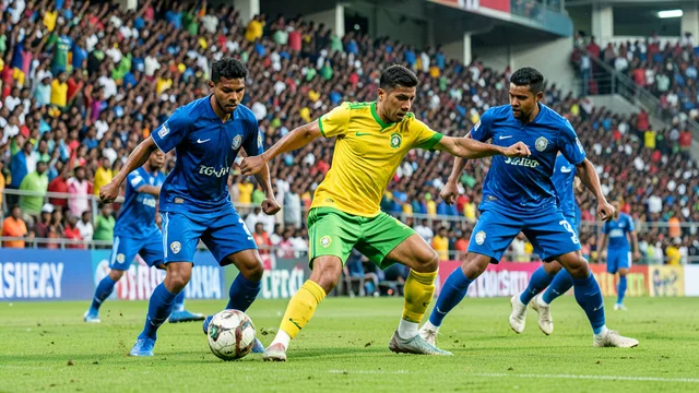 Jogador do Brasil chuta a bola durante partida contra a Índia em um estádio lotado.