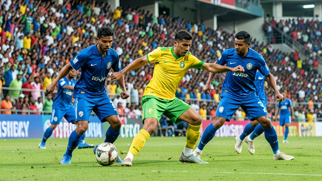 Jogador do Brasil chuta a bola durante partida contra a Índia em um estádio lotado.