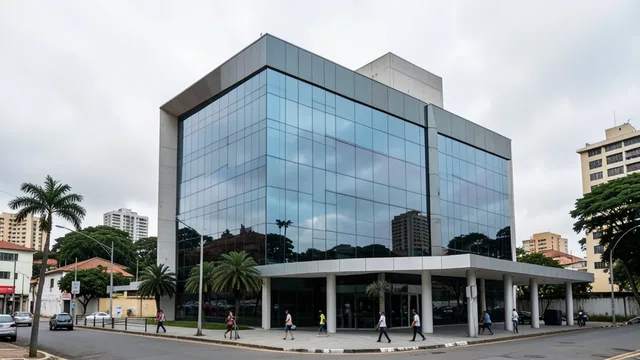 Imagem gerada por IA: Fachada de um edifício institucional em uma cidade brasileira, sob céu nublado.
