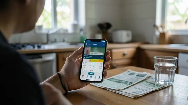Pessoa segura celular com interface genérica de apostas desfocada ao lado de contas sobre uma mesa.