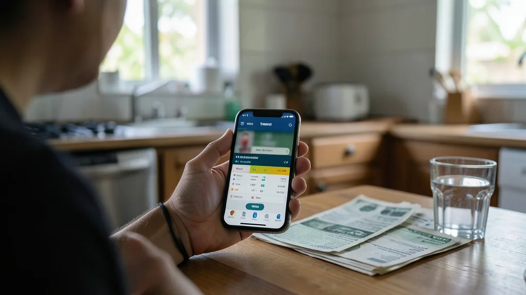 Pessoa segura celular com interface genérica de apostas desfocada ao lado de contas sobre uma mesa.