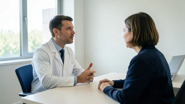 Imagem gerada por IA: Cirurgião plástico conversa com uma paciente em consultório.
