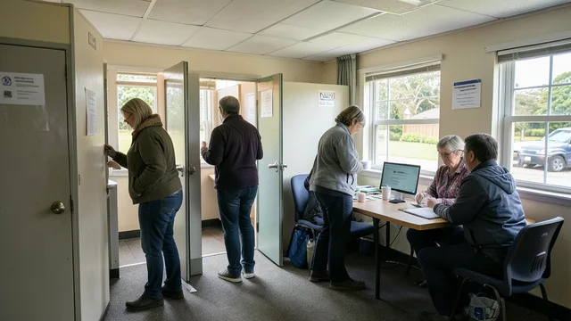Imagem gerada por IA: Eleitores votam em uma seção eleitoral montada em Wellington, na Nova Zelândia.