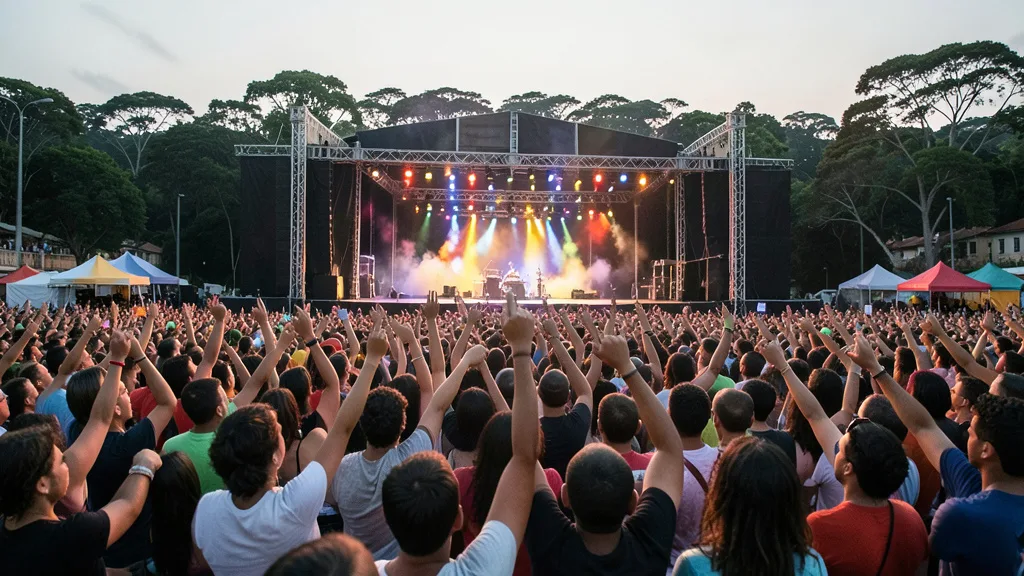 Imagem gerada por IA: Público acompanha um show ao ar livre, com as mãos erguidas diante do palco.
