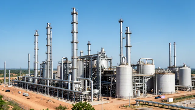 Imagem gerada por IA: Complexo petroquímico com tanques, tubulações e torres de produção de resinas.
