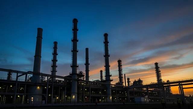 Imagem gerada por IA: Complexo petroquímico ao entardecer, com torres e tubulações industriais.