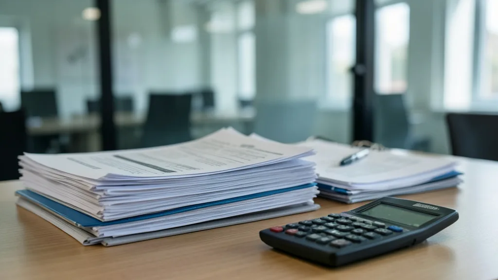 Imagem gerada por IA: Documentos financeiros e pastas sobre uma mesa de escritório, em imagem que remete à análise de carteiras de crédito.