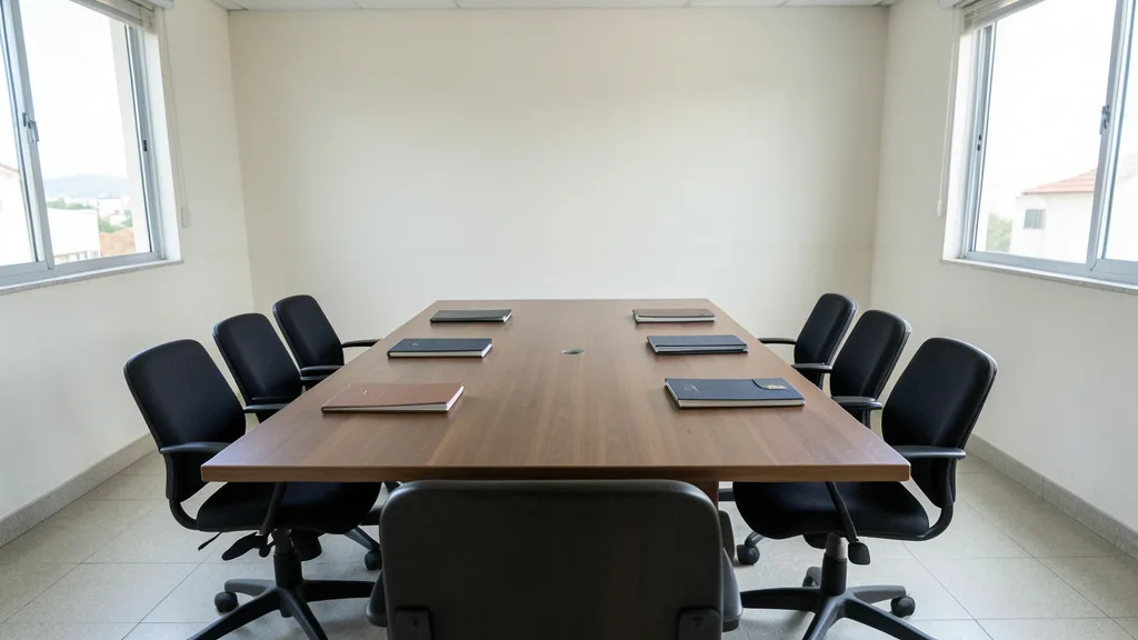 Imagem gerada por IA: Sala institucional vazia com mesa e pastas organizadas para uma reunião administrativa.