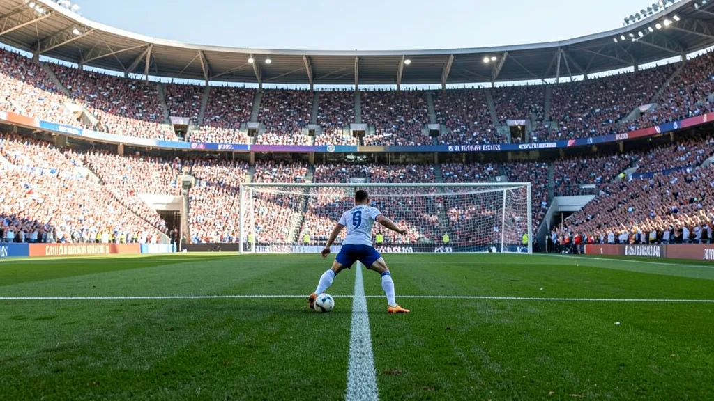 Imagem gerada por IA: Jogador chuta do círculo central em direção ao gol, com o goleiro adiantado.