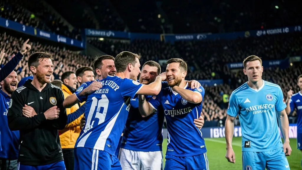Imagem gerada por IA: Jogadores do Brighton comemoram enquanto atletas do Manchester City reagem no estádio.